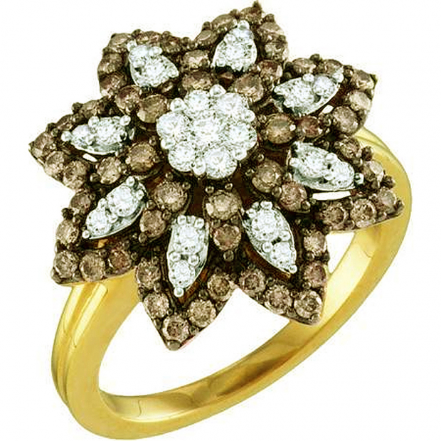 1.06 Carat (ctw) 10k Yellow Gold Round Brown & White Diamond Ladies Right Hand Flower Ring