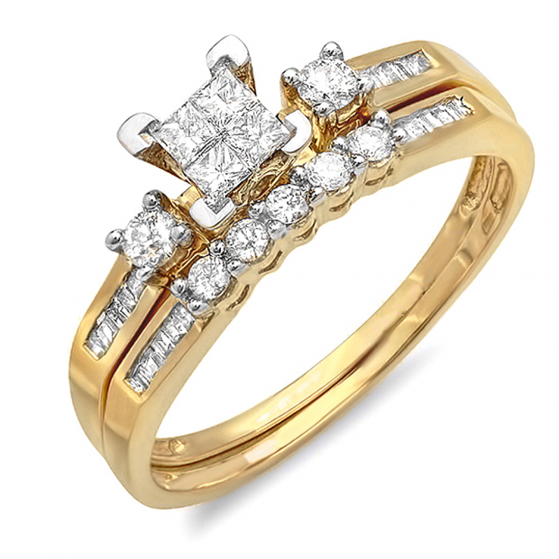 0.53 Carat (ctw) 10k Yellow Gold Princess Baguettes & Round Diamond Ladies Bridal Ring Set Engagement with Matching Band