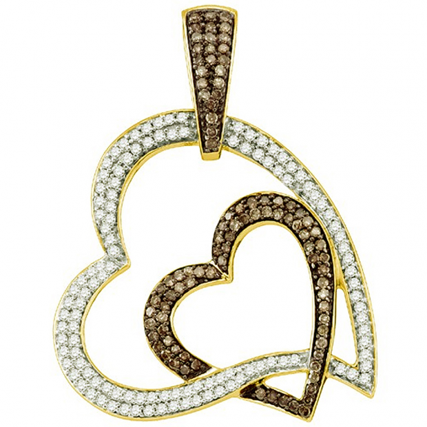 1.15 Carat (ctw) 10k Yellow Gold Round Champagne & White Diamond Ladies Double Heart Pendant