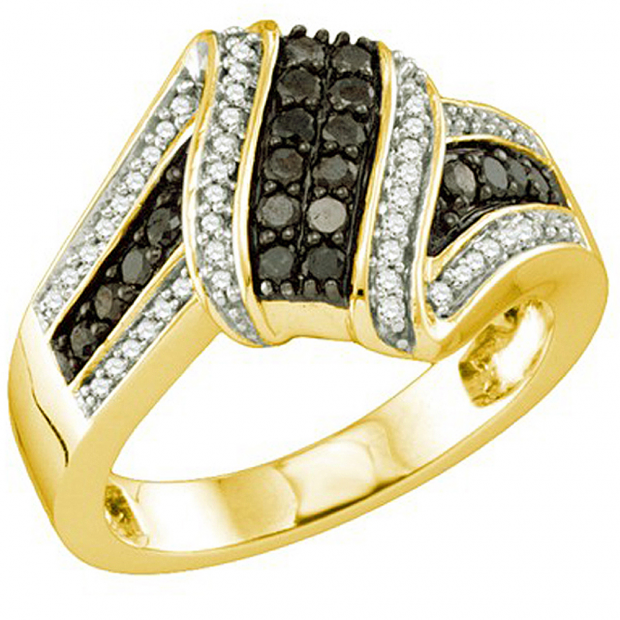 0.55 Carat (ctw) 10K Yellow Gold Round Black & White Diamond Ladies Right Hand Fashion Band 1/2 CT