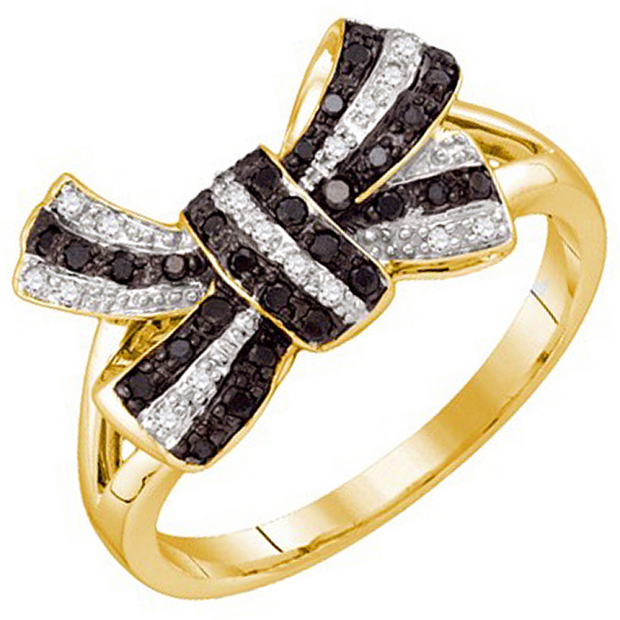0.21 Carat (ctw) 10k Yellow Gold Round Black & White Diamond Ladies Cocktail Right Hand Ring