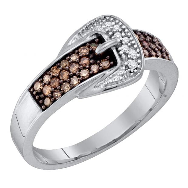 0.28 Carat (ctw) 10K White Gold Round White & Champagne Diamond Ladies Fashion Cocktail Right Hand Band 1/4 CT
