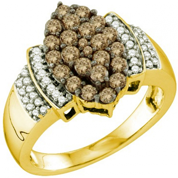 1.00 Carat (ctw) 10k Yellow Gold Round Brown & White Diamond Ladies Right Hand Fashion Ring
