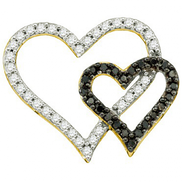 0.53 Carat (ctw) 10k Yellow Gold Round Black & White Diamond Ladies Double Heart Pendant