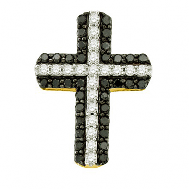 0.80 Carat (ctw) 10k Yellow Gold Round Black & White Diamond Ladies Cross Pendant