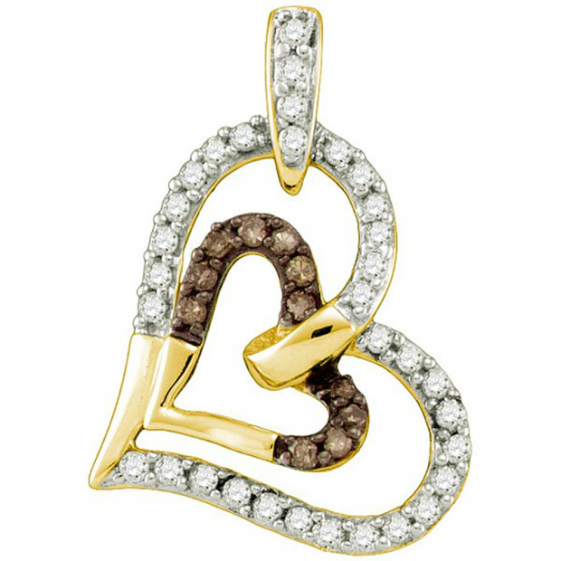 0.30 Carat (ctw) 10k Yellow Gold Round Champagne & White Diamond Ladies Heart Pendant