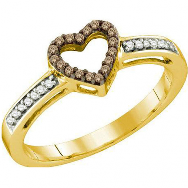 0.12 Carat (ctw) 10k Yellow Gold Brown & White Diamond Ladies Heart Promise Ring