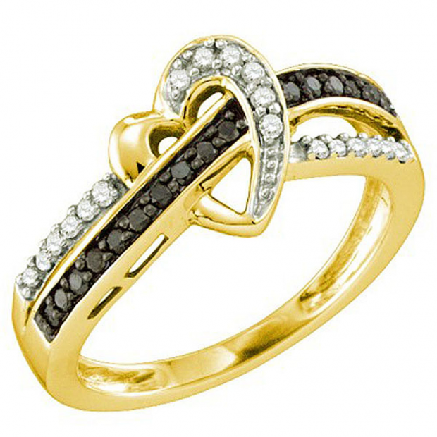 0.25 Carat (ctw) 10k Yellow Gold Round Black & White Diamond Ladies Crossover Heart Bridal Promise Ring