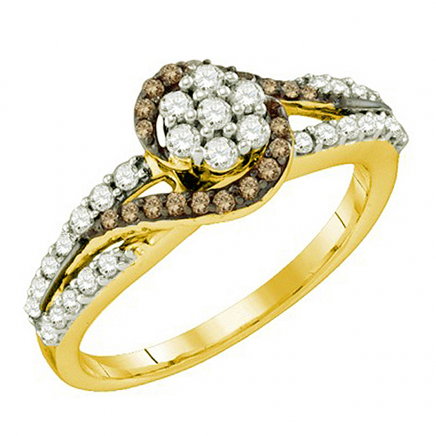 0.57 Carat (ctw) 10k Yellow Gold Round Champagne & White Diamond Ladies Split Shank Swirl Bridal Engagement Ring