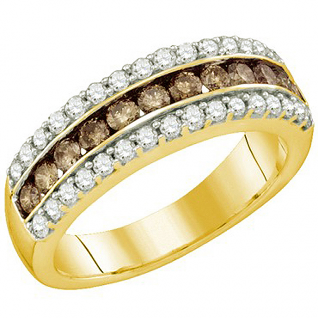 0.98 Carat (ctw) 10k Yellow Gold Round Brown & White Diamond Ladies Anniversary Wedding Band Ring