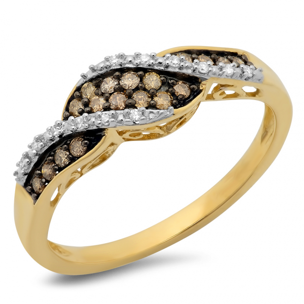 0.21 Carat (ctw) 10K Yellow Gold Round White And Champagne Diamond Ladies Right Hand Fashion Ring 1/4 CT