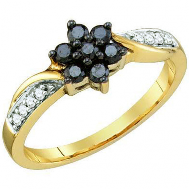 0.34 Carat (ctw) 10k Yellow Gold Black & White Diamond Ladies Cluster Split Shank Bridal Engagement Ring