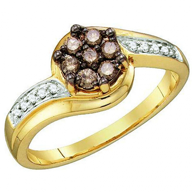 0.34 Carat (ctw) 10k Yellow Gold Champagne & White Diamond Ladies Engagement Flower Ring