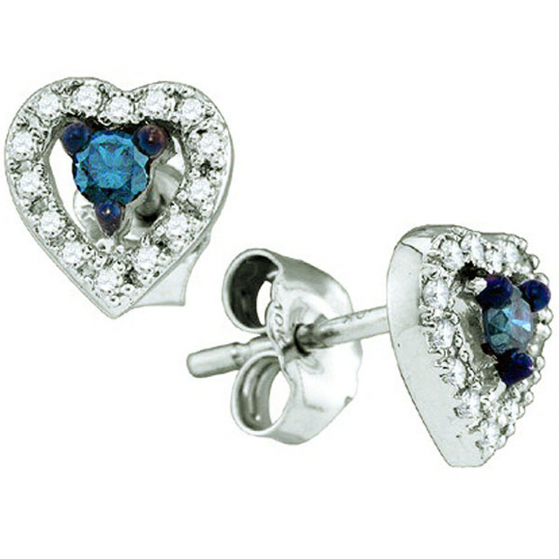 0.21 Carat (ctw) 10k White Gold Blue & White Diamond Ladies Heart Shape Stud Eaarrings