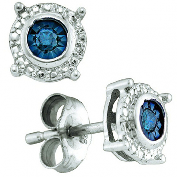 0.10 Carat (ctw) Sterling Silver Blue Diamond Ladies Stud Earrings
