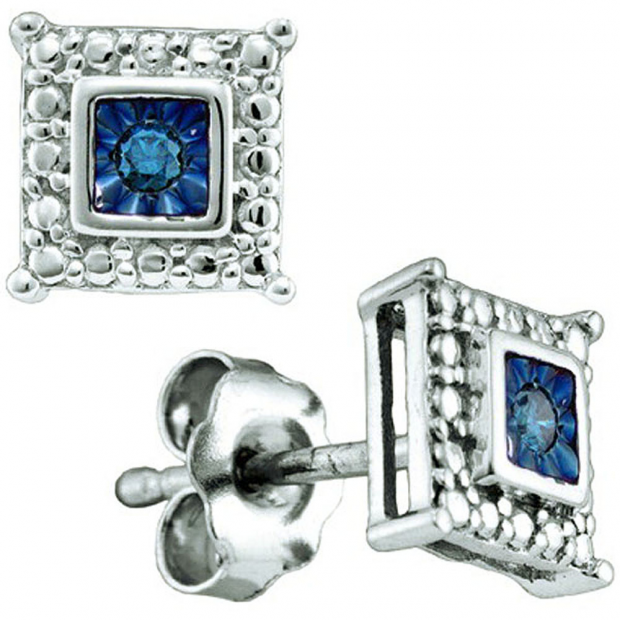 0.05 Carat (ctw) Sterling Silver Blue Diamond Ladies Stud Earrings