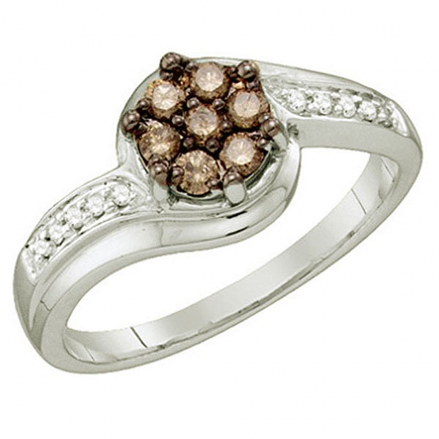 0.34 Carat (ctw) 10k White Gold Champagne & White Diamond Ladies Engagement Flower Ring