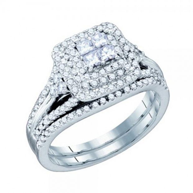 1.04 Carat (ctw) 14K White Gold Princess & Round Diamond Ladies BELLAGIO Invisible Bridal Engagement Ring Set 1 CT