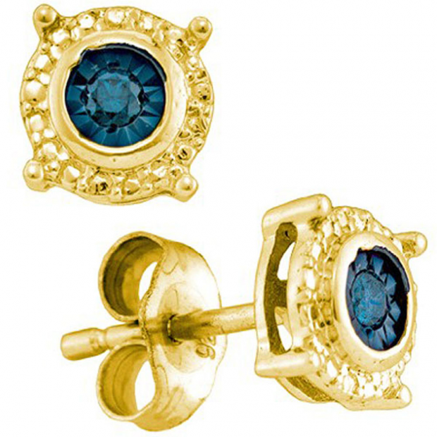 0.10 Carat (ctw) 18k Yellow Gold Plated Sterling Silver Blue Diamond Ladies Stud Earrings