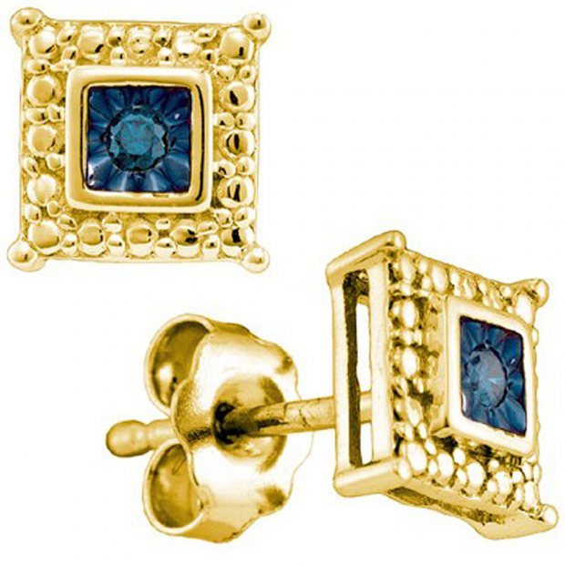 0.05 Carat (ctw) 18k Yellow Gold Plated Sterling Silver Blue Diamond Ladies Stud Earrings