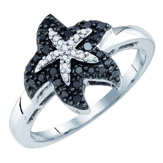 0.22 Carat (ctw) 10K White Gold Round Black & White Diamond Ladies Cluster Fashion Right Hand Ring 1/4 CT