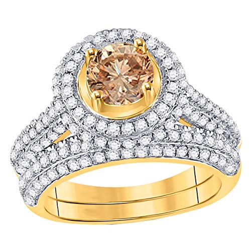 2.05 Carat (ctw) Round Champagne & White Diamond Halo Bridal Wedding Ring Set 2 CT 14K Yellow Gold