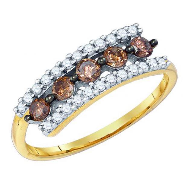 0.62 Carat (ctw) 10K Yellow Gold Round Champagne & White Diamond Ladies 5 Stone Bypass Fashion Cocktail Band Ring
