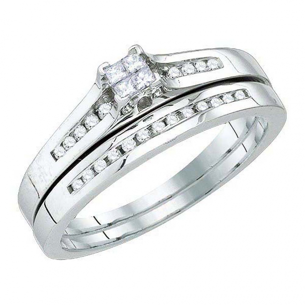 0.30 Carat (ctw) 10k White Gold Princess Invisible round channel set Diamond Ladies Bridal Engagement Ring Set