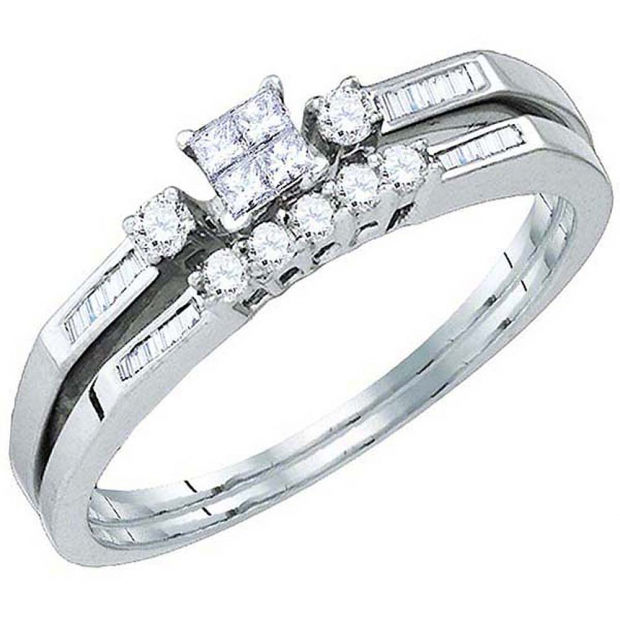 0.29 Carat (ctw) 10k White Gold Princess Invisible Round & Channel set Baguette Invisible Diamond Ladies Bridal Ring Set Engagement Set