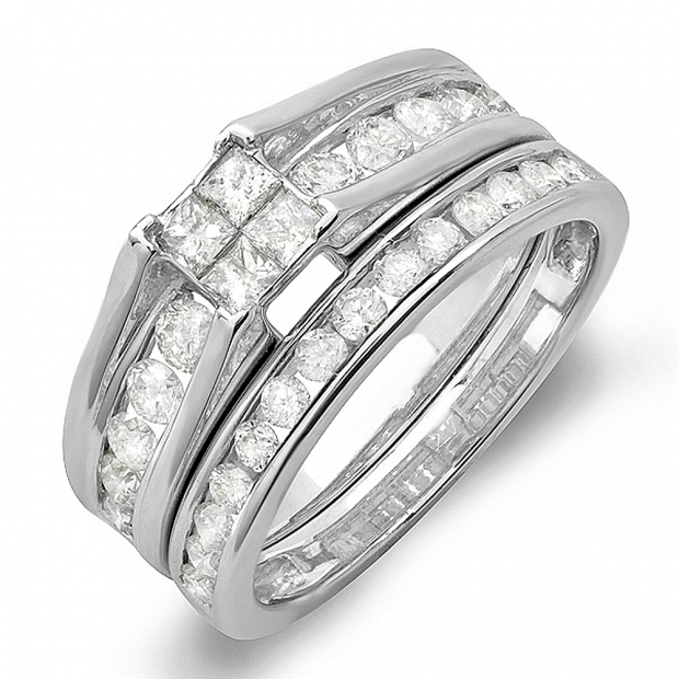 0.50 Carat (ctw) 10K White Gold Princess & Round Diamonds Ladies Bridal Engagement Ring Matching Wedding Band Set 1/2 CT