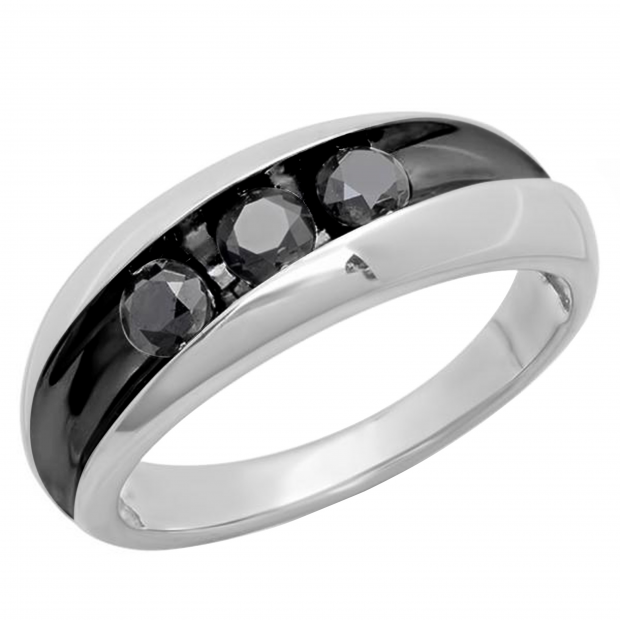 1.00 Carat (ctw) Sterling Silver 3-Stone Black Round Diamonds Men