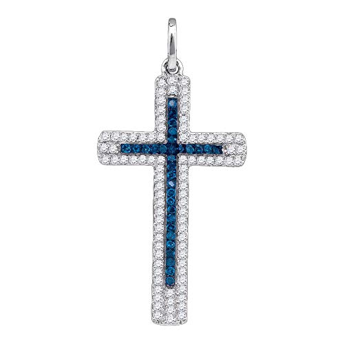 10k White Gold Womens Round Blue Color Enhanced Diamond Cross Pendant 1/4 Cttw