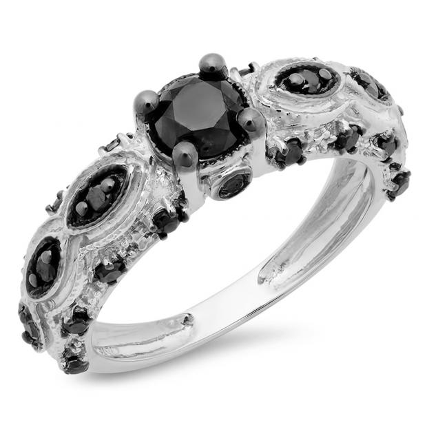 1.00 Carat (ctw) 10K White Gold Round Cut Black Diamond Ladies Bridal Vintage Style Engagement Ring 1 CT