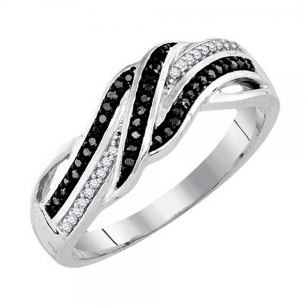 0.13 Carat (ctw) Sterling Silver Round Cut Black & White Diamond Ladies Swirl Split Shank Cocktail Micro Pave Fashion Ring