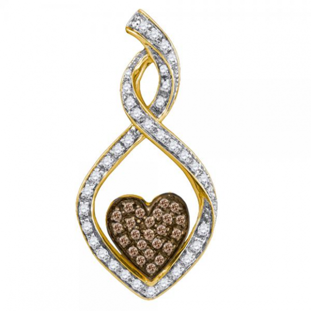0.27 Carat (ctw) 10K Yellow Gold Cognac & White Diamond Ladies Heart Fashion Pendant 1/4 CT
