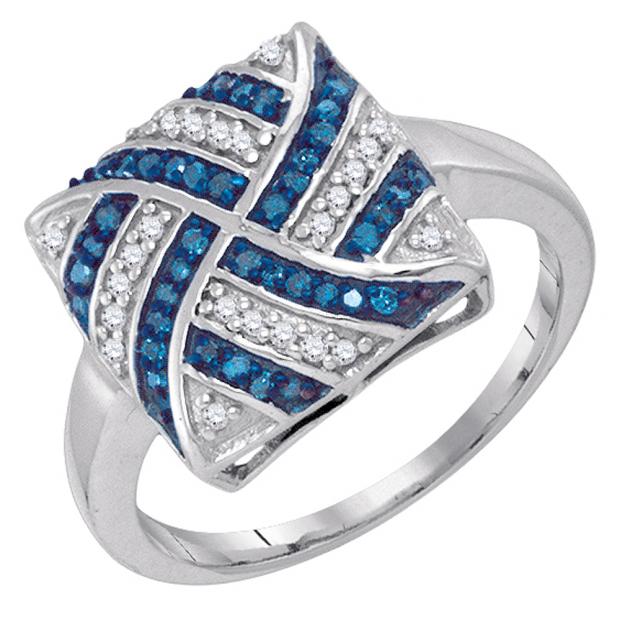 0.25 Carat (ctw) 10K White Gold Round Cut White & Blue Diamond Ladies Micro Pave Right Hand Ring 1/4 CT