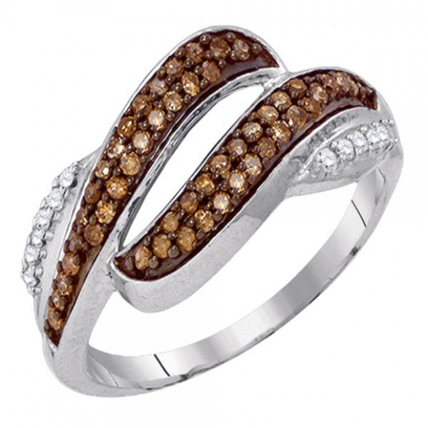 0.33 Carat (ctw) 10K White Gold Round Cognac & White Diamond Micro Pave Swirl Ladies Cocktail Ring 1/3 CT