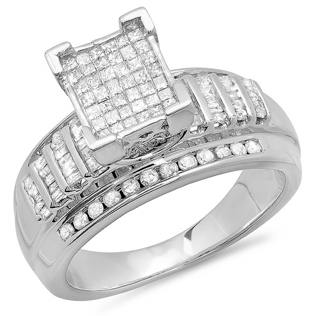 1.00 Carat (ctw) Sterling Silver Princess Round & Baguette Diamonds Ladies Engagement Ring 1 CT