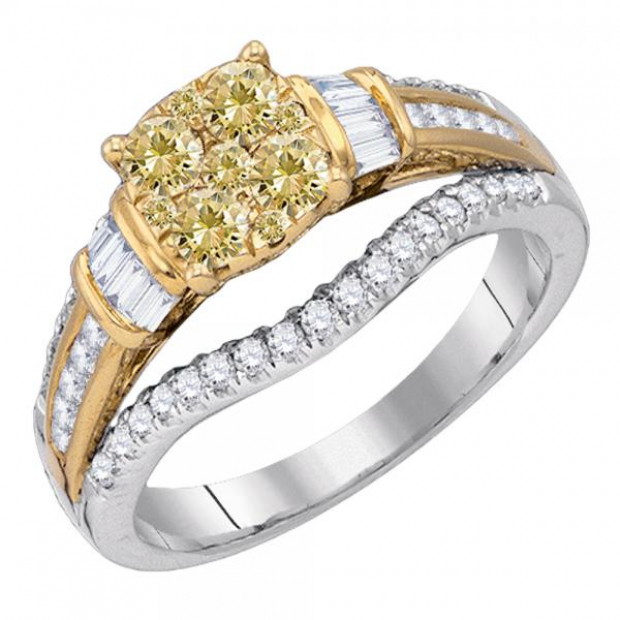 0.98 Carat (ctw) 14K White Gold Round & Baguette Cut White & Yellow Diamond Ladies Bridal Engagement Ring