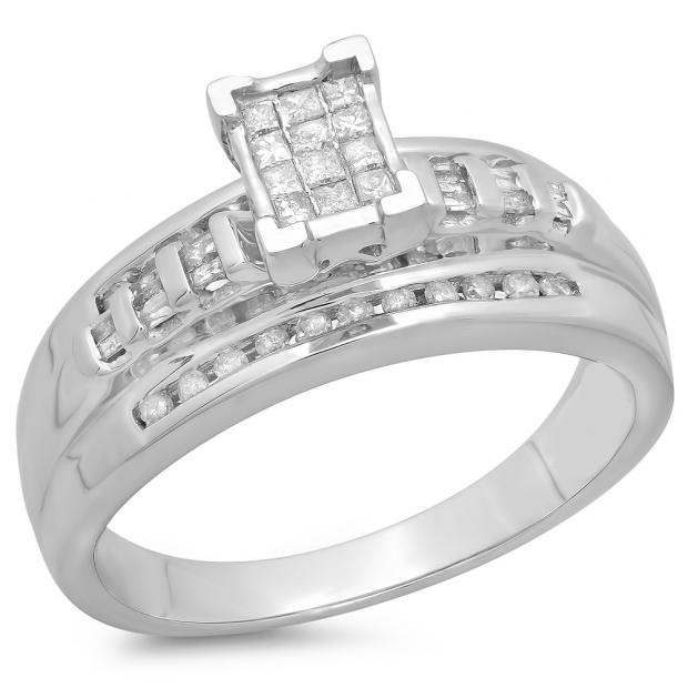 0.36 Carat (ctw) Sterling Silver Princess Round & Baguettes Cut Diamond Ladies Invisible Bridal Engagement Ring 1/3 CT