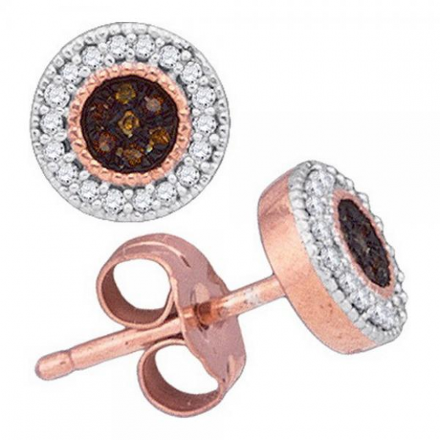 0.12 Carat (ctw) 10k Rose Gold Brilliant White & Cognac Diamond Ladies Micropave Stud Earrings