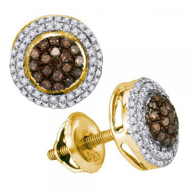 0.35 Carat (ctw) 10K Yellow Gold Round Cognac & White Diamond Ladies Micro Pave Cluster Stud Earrings 1/3 CT