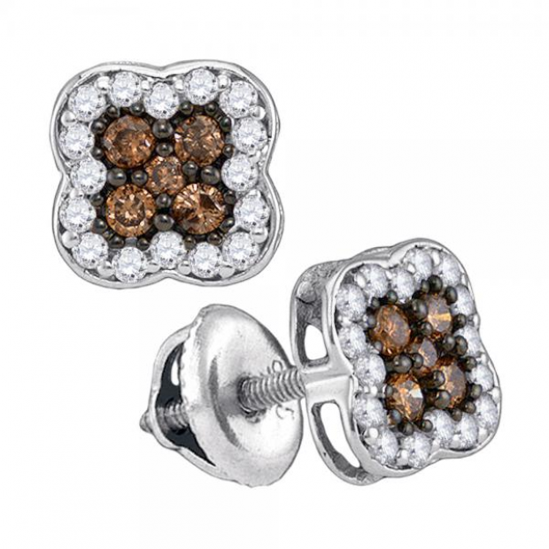 0.50 Carat (ctw) 10K White Gold Brilliant Cognac & White Diamond Micro Pave Cluster Stud Earrings 1/2 CT