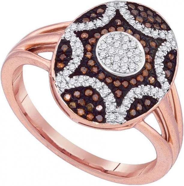 0.33 cttw Round Red & White Diamond Oval Starburst Ring for Women in 10k Rose Gold