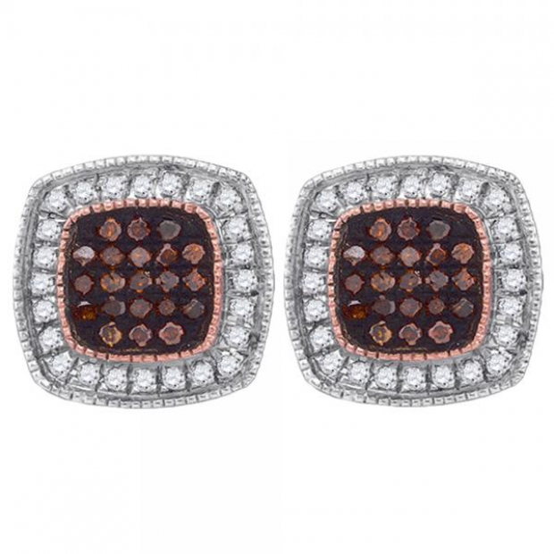 0.25 Carat (ctw) 10k Rose Gold Round Cognac & White Diamond Ladies Micro Pave Fashion Earrings