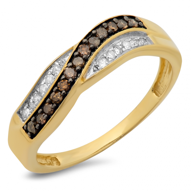 0.25 Carat (ctw) 10K Yellow Gold Round Champagne & White Diamond Ladies Anniversary Wedding Band Stackable Swirl Ring 1/4 CT