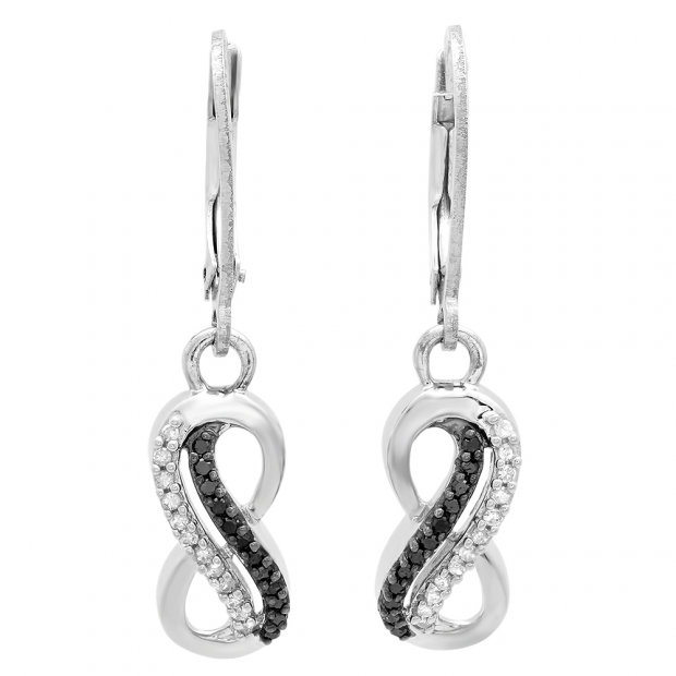 0.20 Carat (ctw) Sterling Silver Round Black & White Diamond Ladies Swirl Infinity Dangling Earrings 1/5 CT