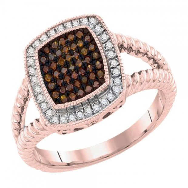 0.25 Carat (ctw) 10K Rose Gold Round Cut White & Cognac Diamond Ladies Micro Pave Split Shank Right Hand Ring 1/4 CT