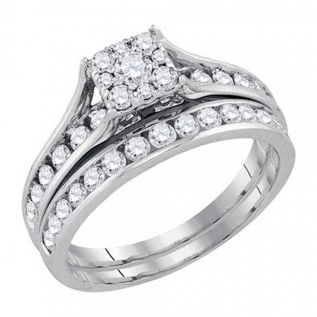 1.00 Carat (ctw) 14k White Gold Round White Diamond Ladies Bridal Fashion Engagement Ring Matching Band Set 1 CT