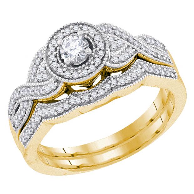 0.40 Carat (ctw) 10K Yellow Gold Round White Diamond Ladies Swirl Bridal Split Shank Halo Engagement Ring Set 0.15 CT Round Center